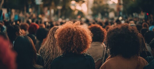 The crowd of diverse people gathered outdoors at sunset for a communal urban event