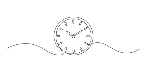 Single continuous line drawing of a clean and elegant analog clock, embodying concepts of time, scheduling, punctuality, and passing moments. Vector, illustration