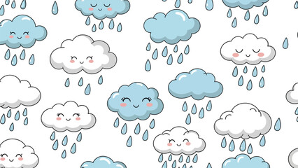 Adorable rainy cloud pattern for nursery decor and playful designs, seamless kawaii style, perfect for textiles and children's products with happy weather themes