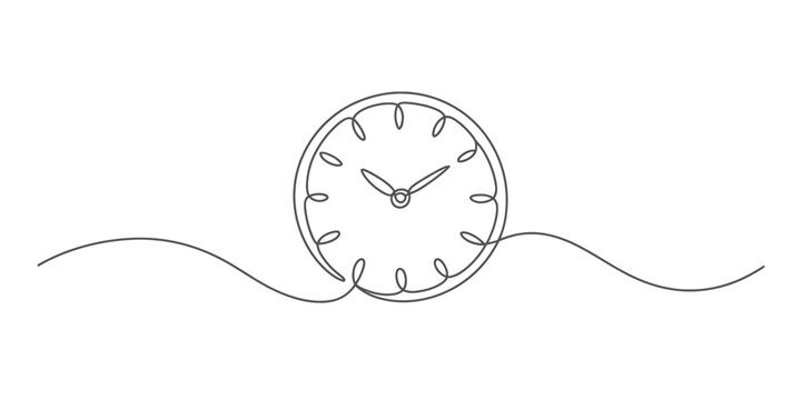 Single continuous line drawing of a clean and elegant analog clock, embodying concepts of time, scheduling, punctuality, and passing moments. Vector, illustration