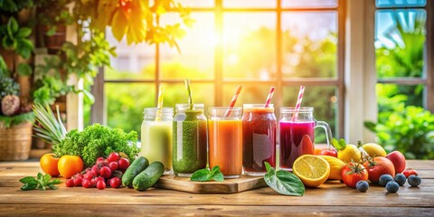 Vibrant and Refreshing Homemade Fruit and Vegetable Juices in Glass Jars on Wooden Table by Sunny Window