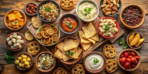 Fototapeta premium A Festive Spread of Savory Appetizers and Dips Arranged on a Rustic Wooden Tabletop