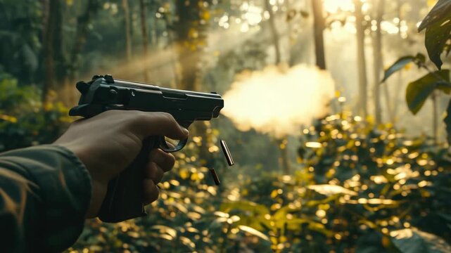 Person's hand gripping a handgun as they aim into the misty forest background.