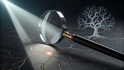 Magnifying glass examining neuron structure representing eye pressure