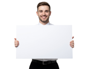 Smiling help desk operator presenting blank signboard for customer instructions, isolated on a transparent background, PNG