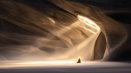 A person meditating in a cave with light shining through an opening, creating a serene and spiritual atmosphere.