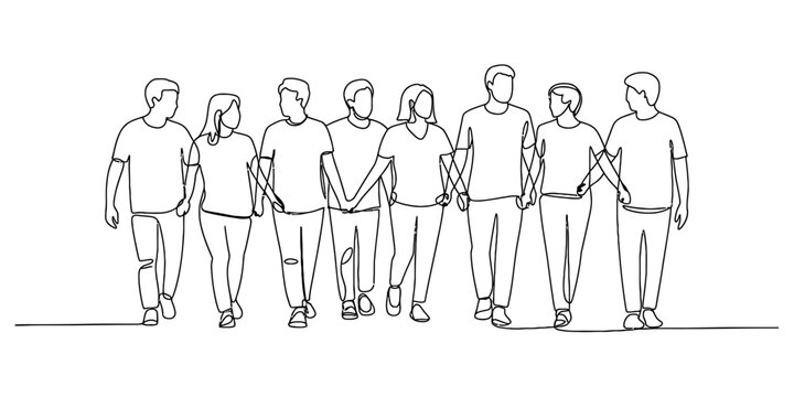 A continuous line art of eight diverse individuals, men and women, standing together, holding hands, symbolizing unity, community and support. Vector, illustration