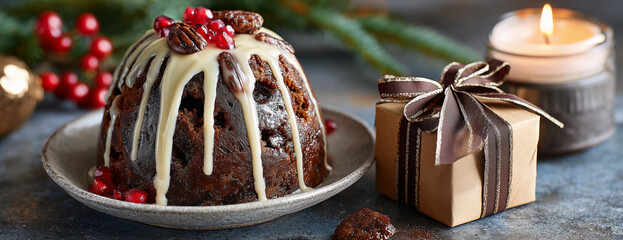 Christmas Pudding with White Icing and Brown Gift