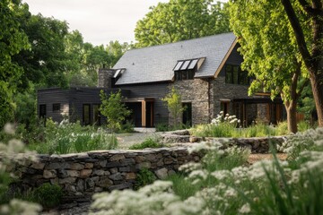 Obraz premium A contemporary stone house nestled among vibrant, lush greenery, set against a tranquil landscape illuminated by the soft glow of early morning light