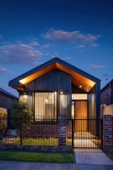 Fototapeta premium A contemporary house featuring an eye-catching design, radiating a warm and inviting glow in a serene suburban neighborhood during the twilight hours
