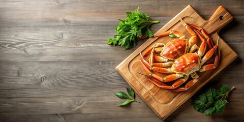 Aromatic seafood presentation featuring a succulent crab on a rustic wooden board, garnished with fresh herbs