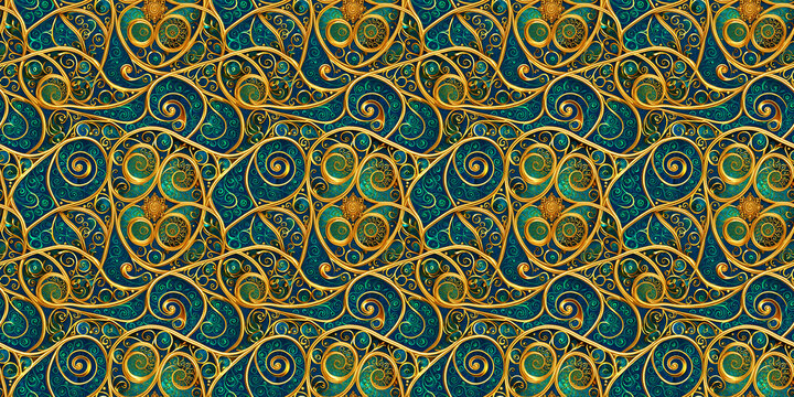 Unique seamless abstract pattern, organic motifs, spirals, metallic gold accents, rich emeralds, earthy browns, for web design, elegant invitations, and luxury branding