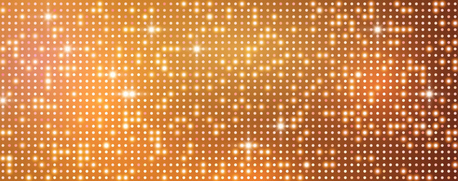 Golden led light screen background, glowing gradient orange round dotted lights, digital mosaic, pixel pattern banner