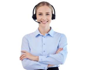 Professional call center agent smiling confidently with crossed arms and headset on, isolated on a transparent background, PNG