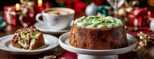 Christmas Pudding with Green Frosting on Festive Table
