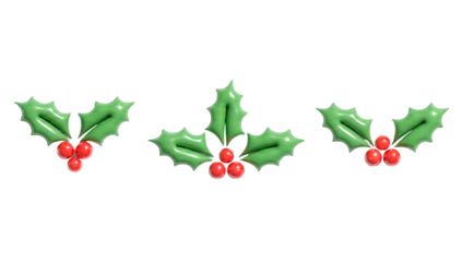 Set of 3D Stylized Holly Berries and Leaves Isolated on White
