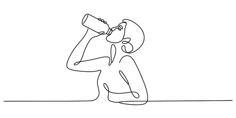 Continuous line art drawing of a person staying hydrated by drinking water from a clear bottle, minimalist fluid one-line vector design. Vector, illustration