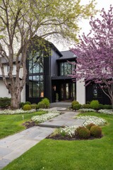 Obraz premium Discover this stunning contemporary home featuring a sleek black exterior that perfectly contrasts with a vibrant spring garden filled with blossoming trees and a meticulously maintained lawn.