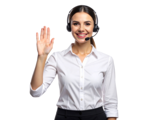 Friendly call center operator waving hand to greet clients during video support, isolated on a transparent background, PNG