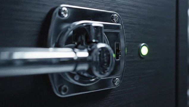 safe lock metal handle with green indicator light closeup, device for office money storage in safe lock, security solution for home valuables, banking security and corporate protection