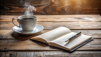 A steaming cup of coffee rests beside an open notebook and pen on a rustic wooden table, creating a tranquil workspace ideal for writing and contemplation.
