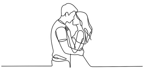 Continuous line art drawing of a romantic couple embracing tenderly, faces close in anticipation of an intimate kiss, minimalist illustration. Vector, illustration