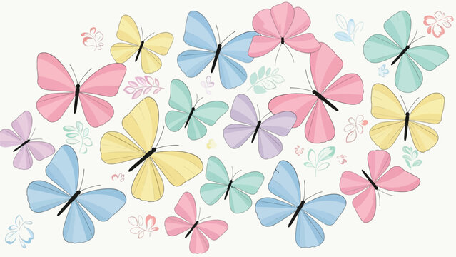 Pastel butterflies dancing with delicate leaves create a whimsical, joyful spring design perfect for invitations, decor, and delightful patterns