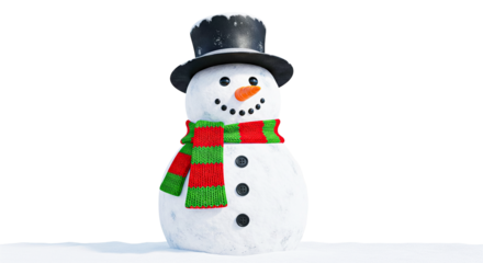 Cute Snowman Wearing Top Hat and Striped Scarf Isolated on White Background
