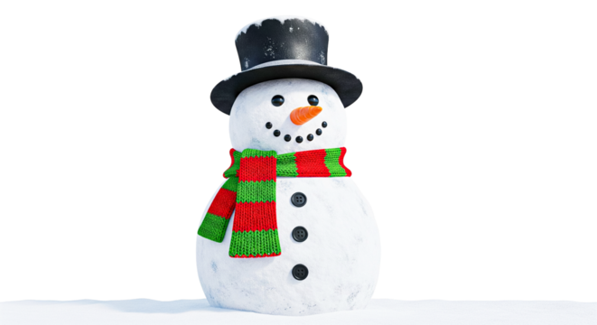 Cute Snowman Wearing Top Hat and Striped Scarf Isolated on White Background
 - Powered by Adobe