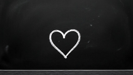 heart on chalkboard, White chalk heart drawing on a dark blackboard background. This symbol shows love, care, romance, and friendship. Empty copy space for custom text, message, school art design