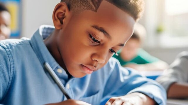 Young boy focuses on his schoolwork while classmates engage cheerfully in a bright classroom setting