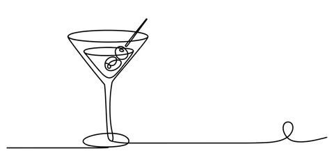 Continuous one line art drawing of a classic martini cocktail beverage in a stemmed glass with two olives on a pick, minimalist design style Vector, illustration