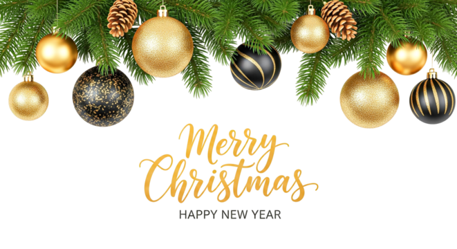 Merry Christmas and Happy New Year Banner with Golden and Black Ornaments on Pine Branches