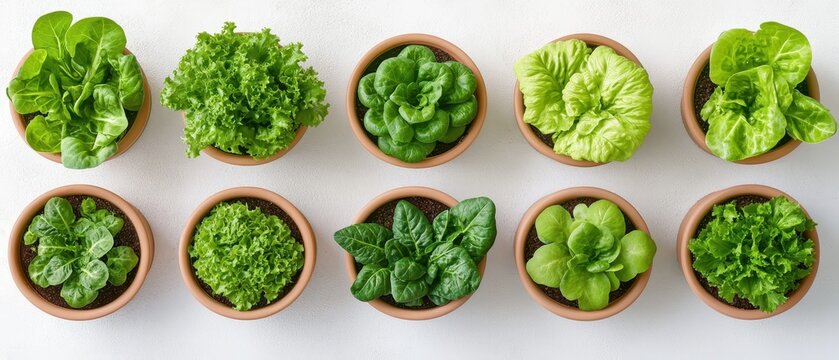 Collection of fresh green leafy vegetables growing in terracotta pots, arranged neatly on a clean surface, showcasing healthy produce.