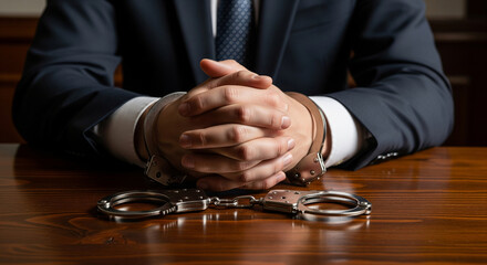 Hands of a man in a business suit in handcuffs at a wooden table, close-up. Concept of fighting corruption