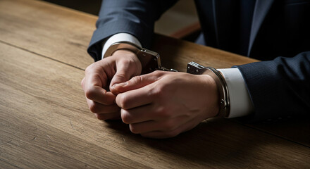 Hands of a man in a business suit in handcuffs at a wooden table, close-up. Concept of fighting corruption