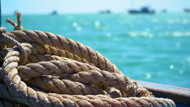 Close-up of coiled rope on a boat with water and blurred background, for nautical projects