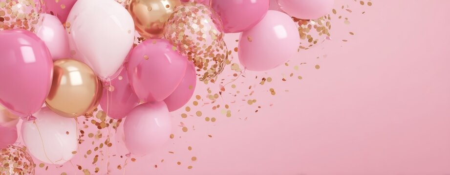 The Balloons Floating Against Soft Pink Background with Gold Confetti Celebration
