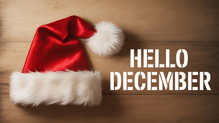 Hello December, a festive greeting with Santa's hat and wooden background celebrating the holiday season