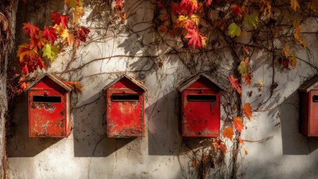 Row of Weathered Red Mailboxes on White Wall with Climbing Ivy and Autumn Foliage in Sunlight Shadow Contrasts Details and Vibrant Colors for Stock Usage