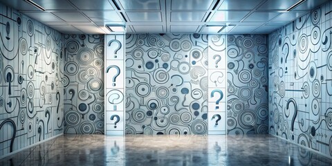Abstract Inquiry A Modern Room with Question Mark Wall Art Featuring Intriguing Circular Designs and a Polished Floor