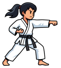 Cartoon Karate Girl in Fighting Stance Martial Arts Training
