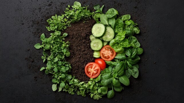 Fresh garden vegetables arranged on dark soil, circular pattern of healthy food growth, vibrant ingredients for healthy eating.