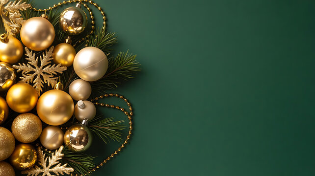 Elegant Festive Display Golden Christmas Ornaments, Sparkling Beads, and Fir Branches Gracefully Arranged on a Rich Emerald Green Background, Ideal for Holiday Greetings and Seasonal Designs