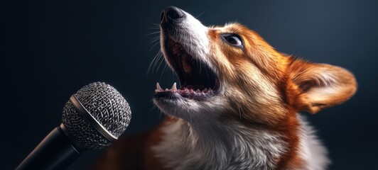 The Corgi Singing into a Microphone in a Dramatic Studio Portrait