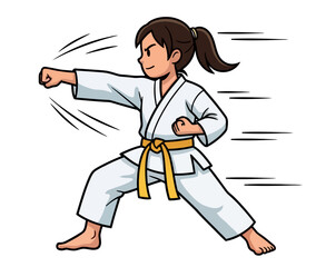 Determined Cartoon Girl Practicing Martial Arts Punch for Self Defense