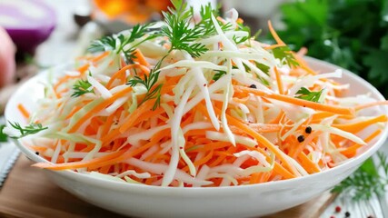 Close-up of a vibrant, fresh shredded carrot salad garnished with dill. Perfect for promoting healthy eating or showcasing a delicious appetizer.