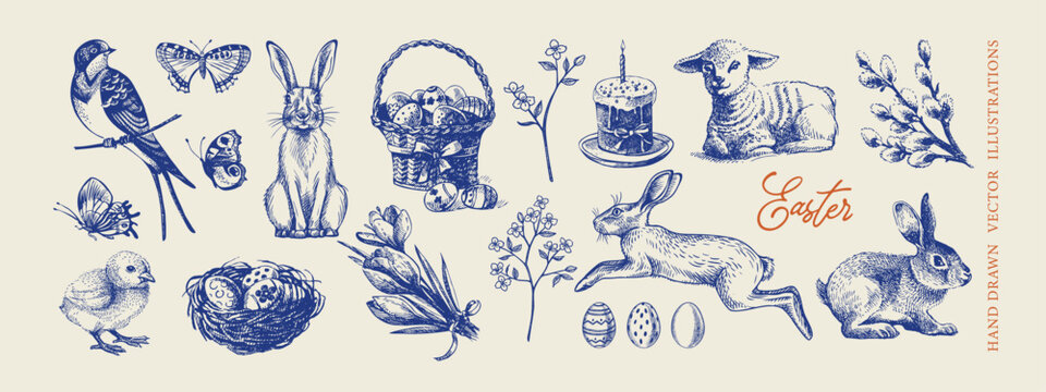 Vintage Easter hand drawn set. Greeting cards and invitation design. Retro sketch vector illustration