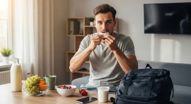Man eating a snack in grey clothing at home, surrounded by healthy food on table. Athlete eats at home.