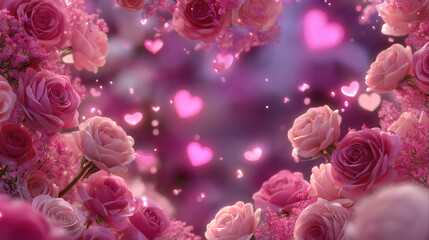 vibrant-pink-rose-and-blossom-floral-frame-border-glowing-hearts-bokeh-background-romantic-design-space-for-text-card-template-texture